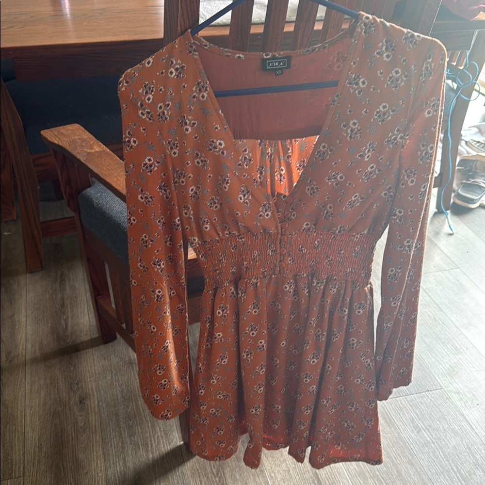 Rust Floral Long Sleeve Dress